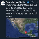 Se registra sismo de magnitud 4.9 con epicentro en Miahuatlán